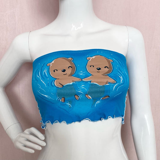 Upcycled Sea Otter Love Blue Tube Top, Size XS