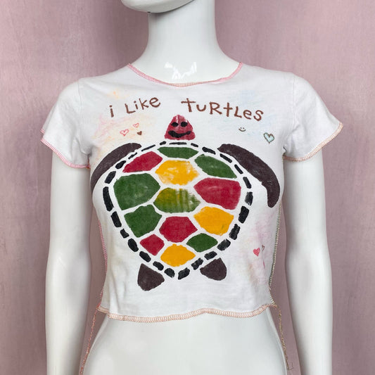 Upcycled I Like Turtles Graphic Crop Baby Tee, Size XS