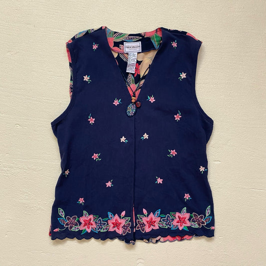 Vintage Floral Embroidered Beaded Vest with Pendant Necklace, Size Small