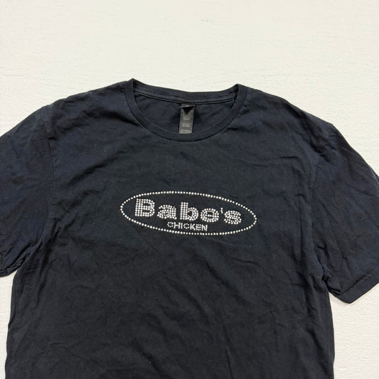 Secondhand Babe’s Chicken Rhinestone Logo Black Graphic T-Shirt, Size Medium