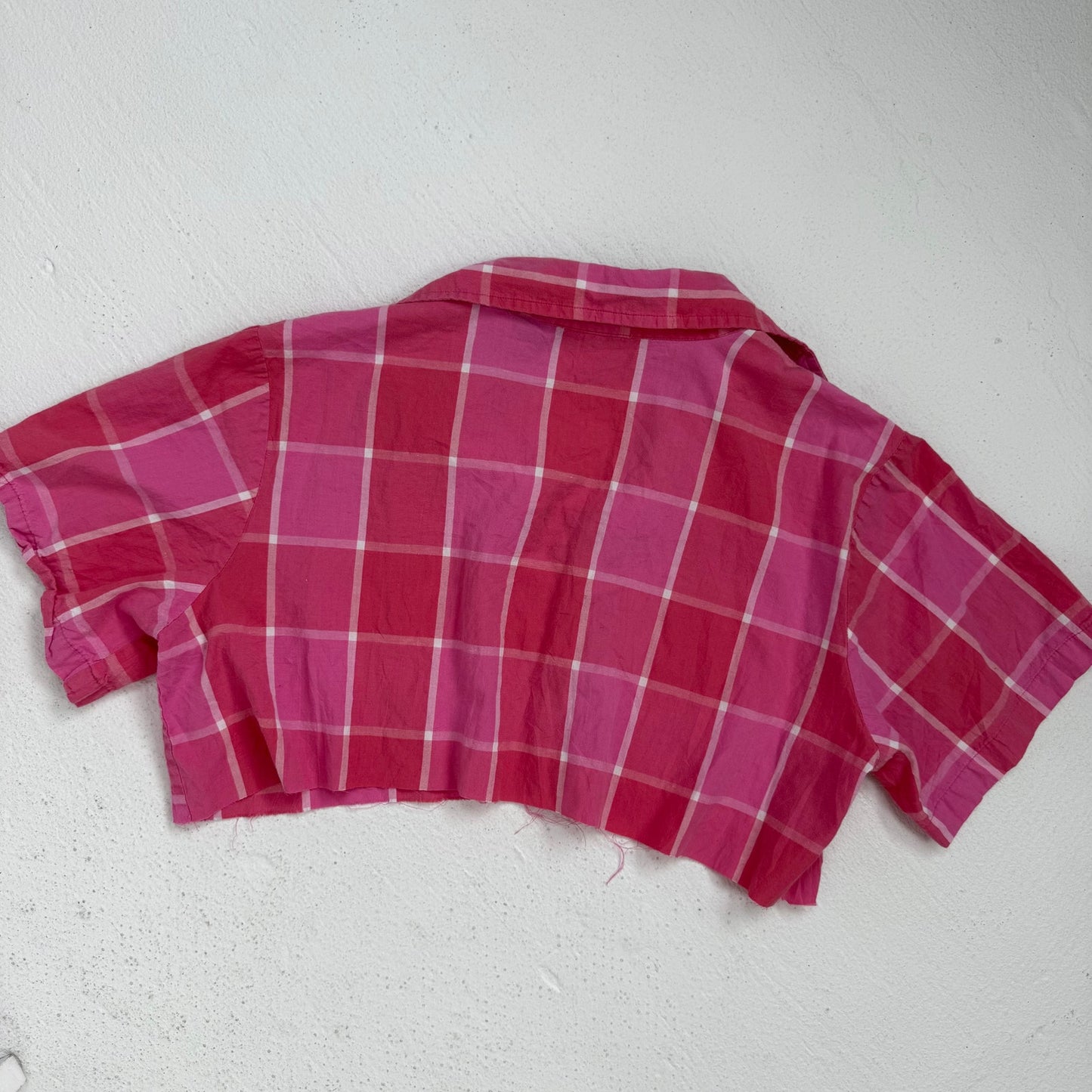 Upcycled Vintage Citicraze Pink Plaid Cropped Button Up Shirt, Size Large