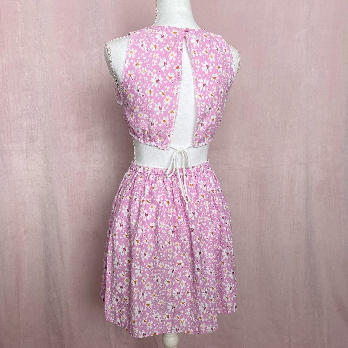 Upcycled Pink Floral Linen Blend Crop Top & Skirt Set, Size XS