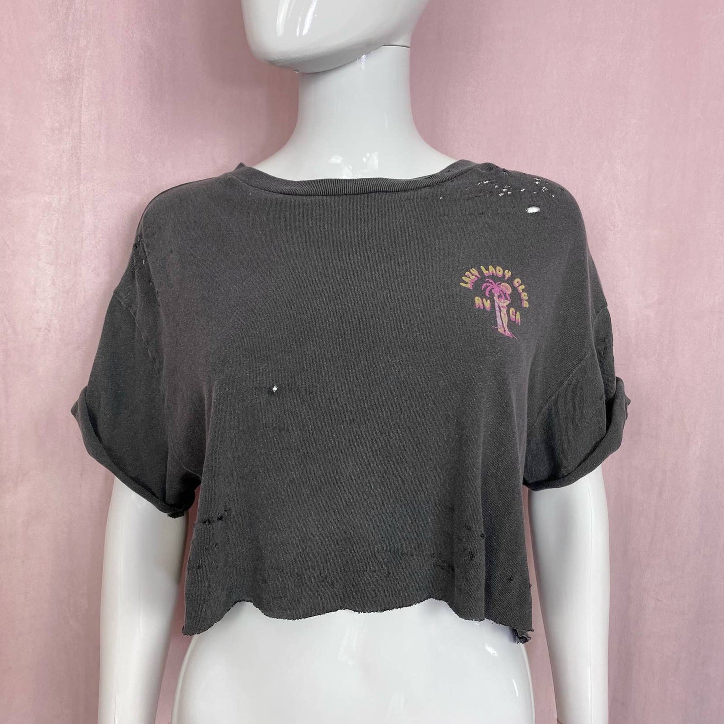 Reworked RVCA Lazy Lady Club Distressed Crop Tee, Size Small