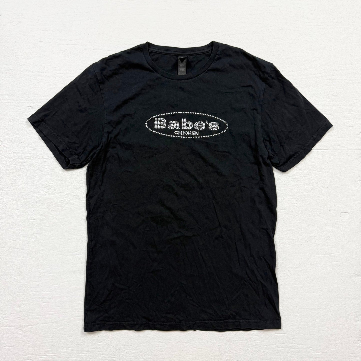Secondhand Babe’s Chicken Rhinestone Logo Black Graphic T-Shirt, Size Medium