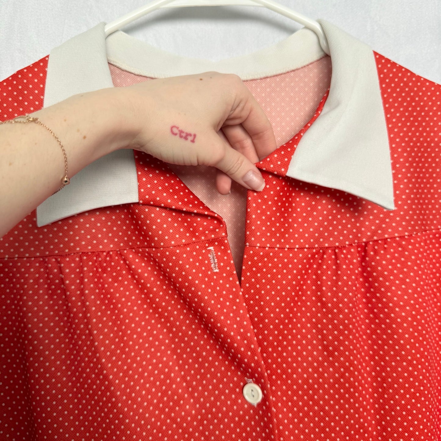 Vintage 60s Red Polka Dot Button Up Shirt, Size Large
