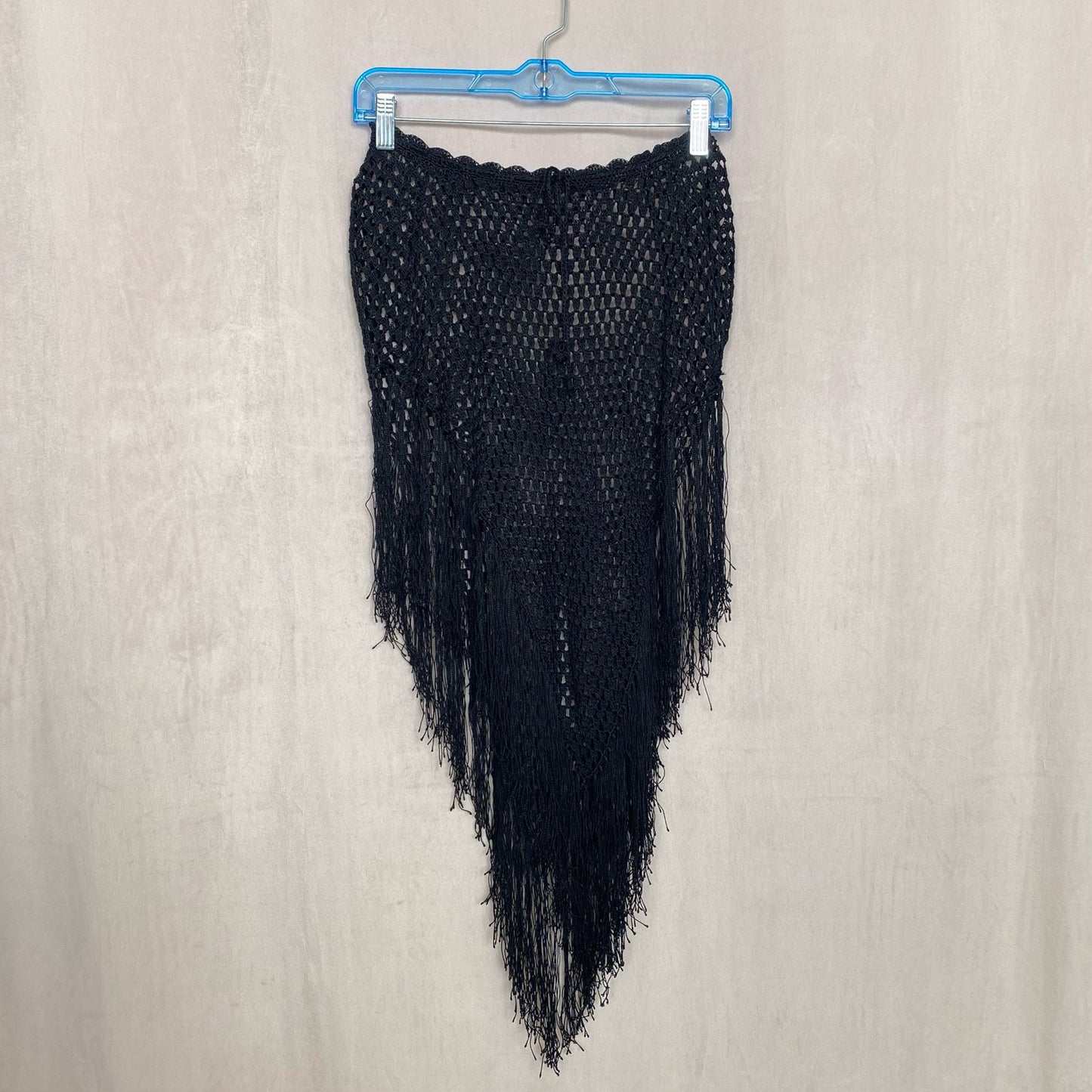 Secondhand Black Crochet Open Knit Fringe Hem Poncho