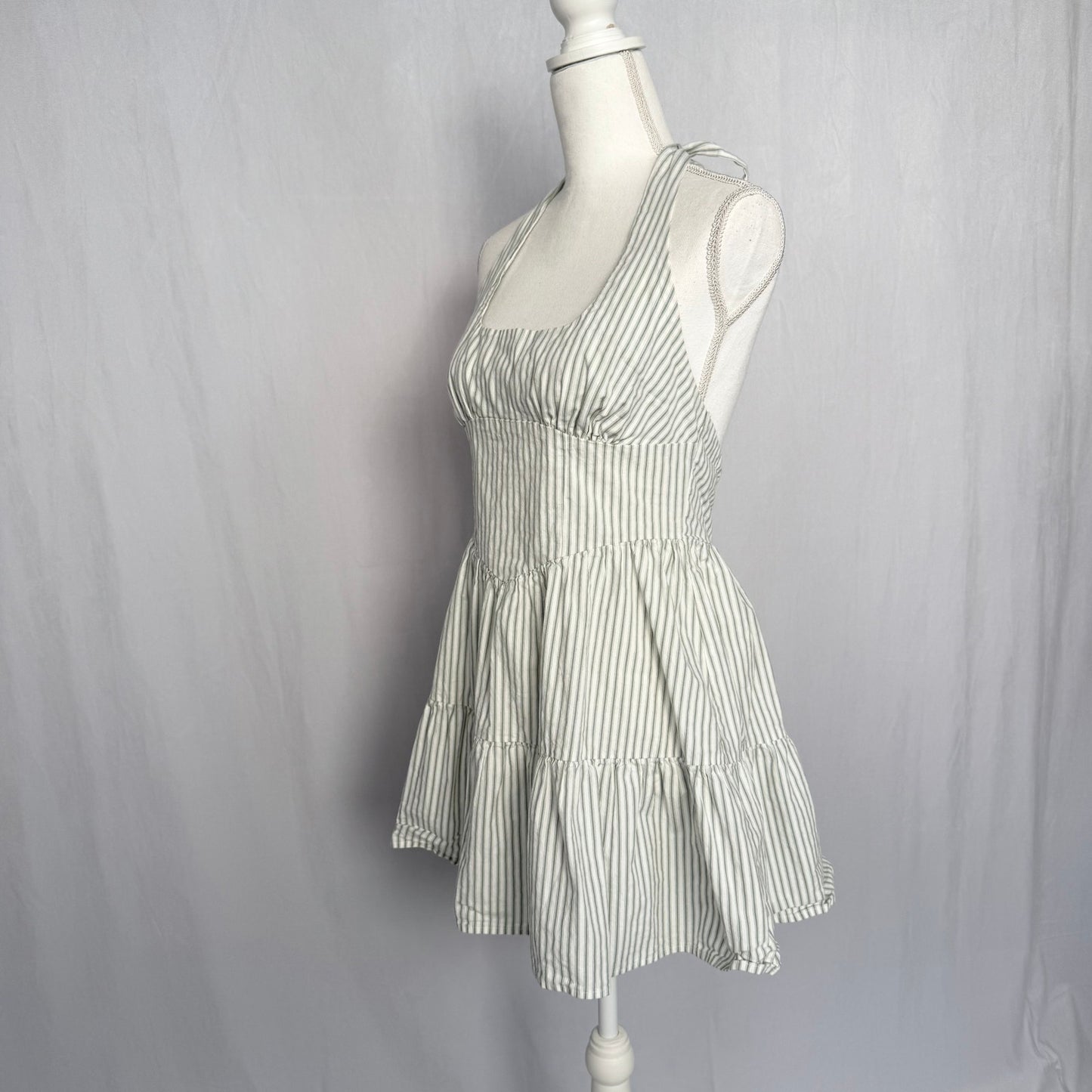 Secondhand Wild Fable Green White Stripe Halter Fit & Flare Mini Dress, Size Medium