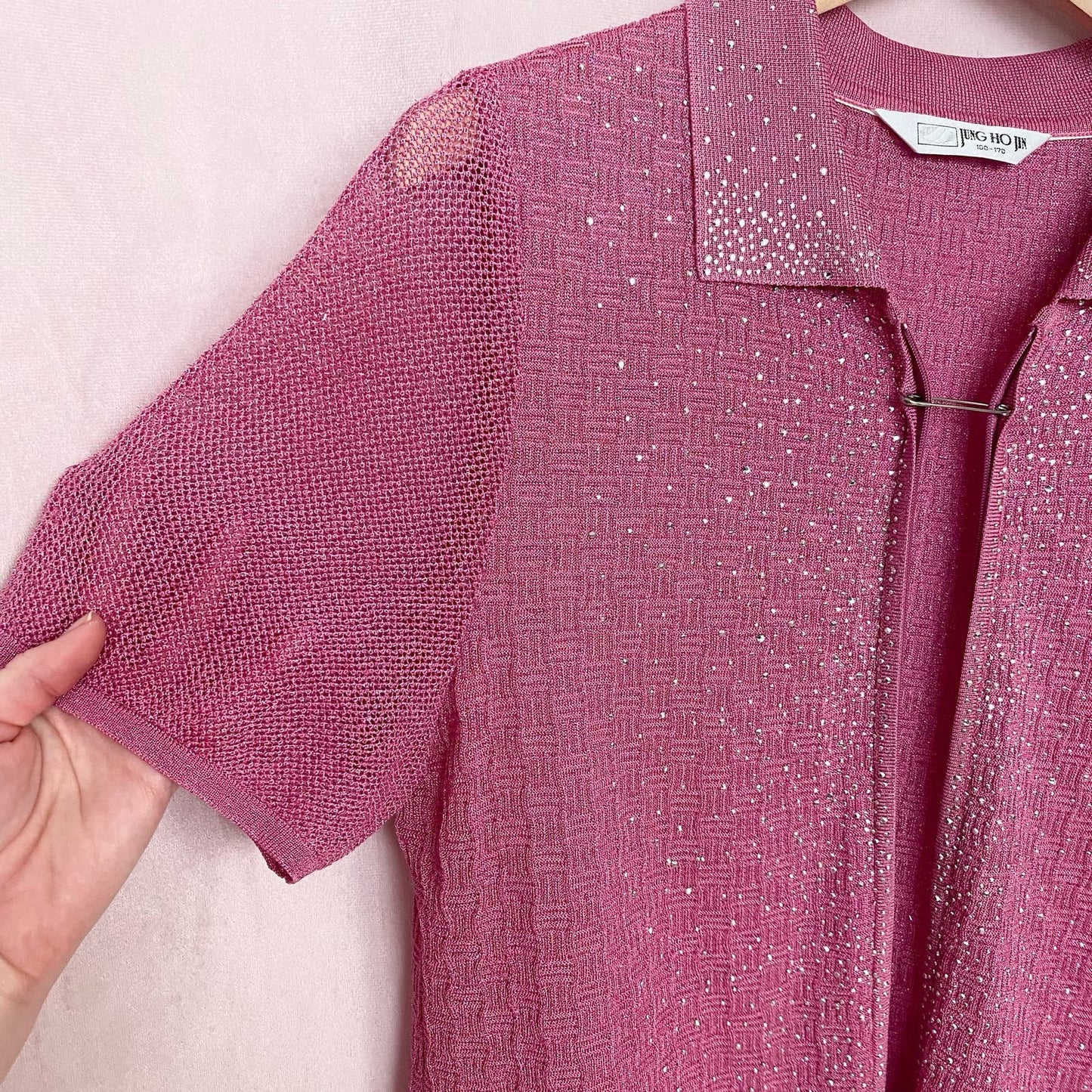 Vintage Jung Ho Jin Rhinestone Pink Mesh Short Sleeve Top
