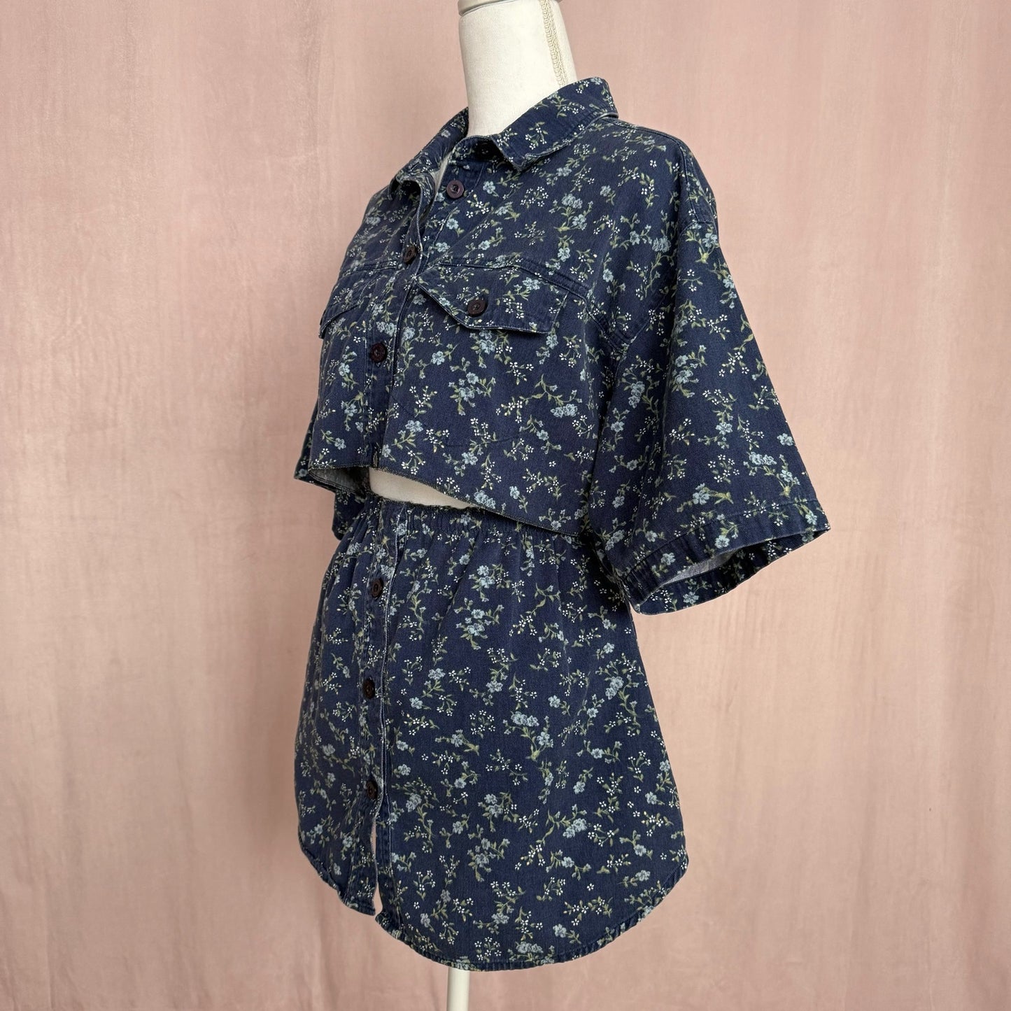 Upcycled Button Up Crop Shirt & Skirt Set, Size L/XL