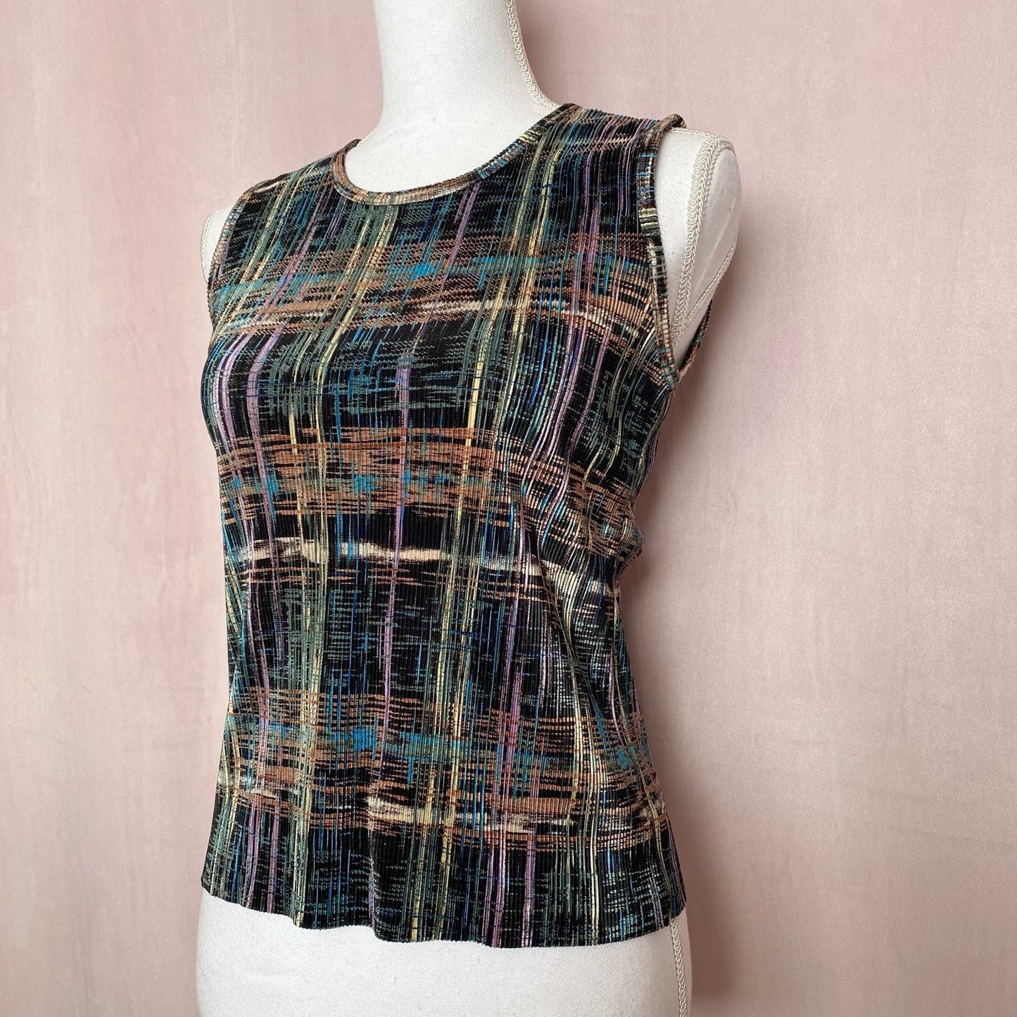 Vintage Plisse Micro Pleated Abstract Tank Top, Size Small