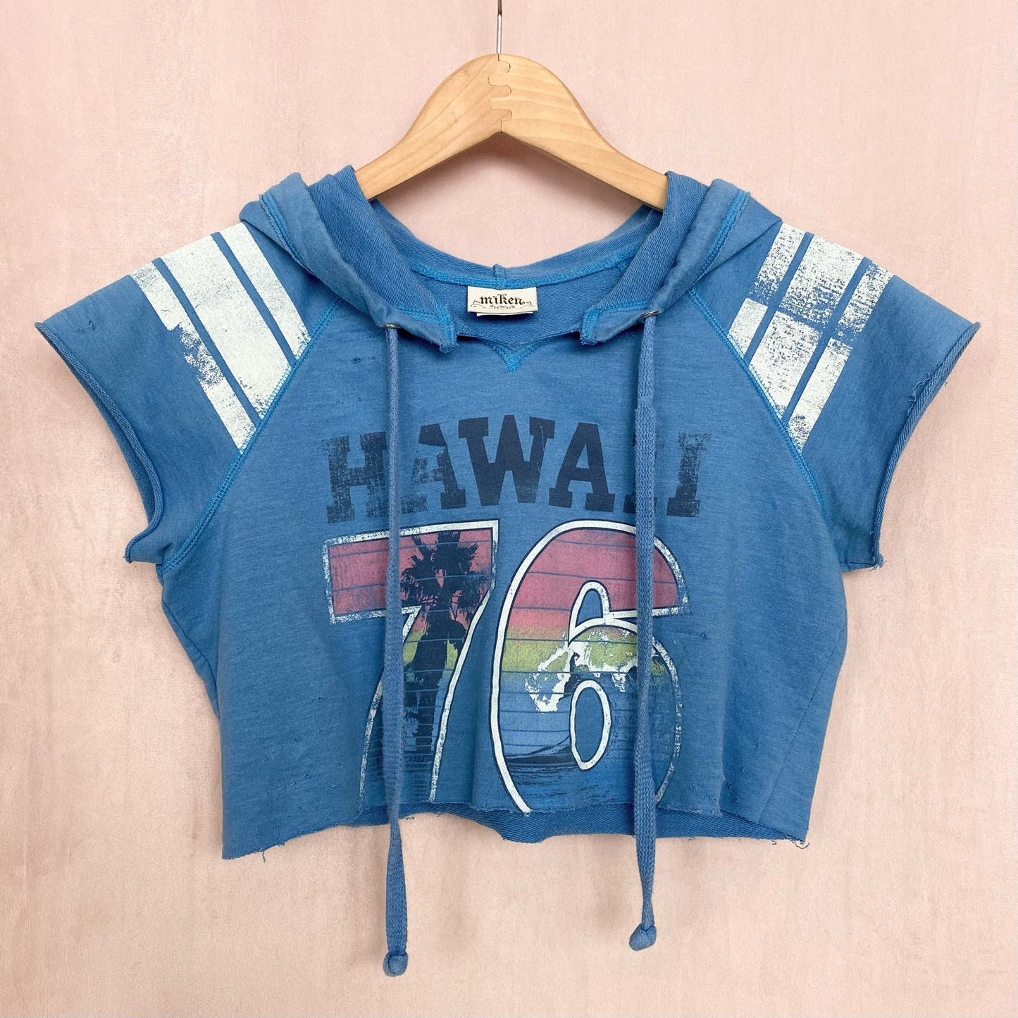 Reworked Y2K Hawaii Distressed Crop Short Sleeve Hoodie, Size XS