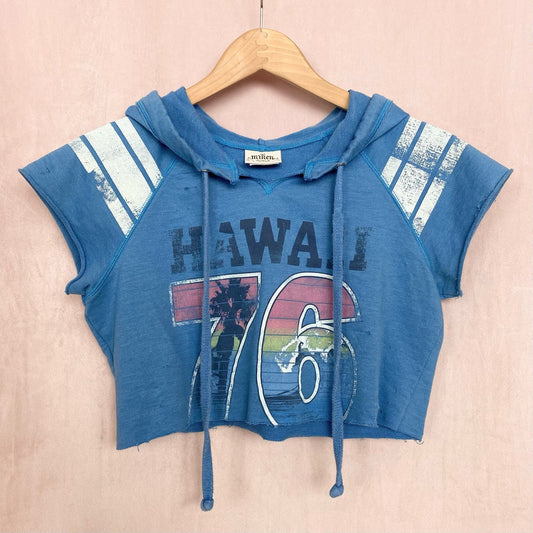 Reworked Y2K Hawaii Distressed Crop Short Sleeve Hoodie, Size XS
