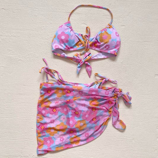 Secondhand Pink Floral Bikini & Mesh Skirt Set, Size Medium