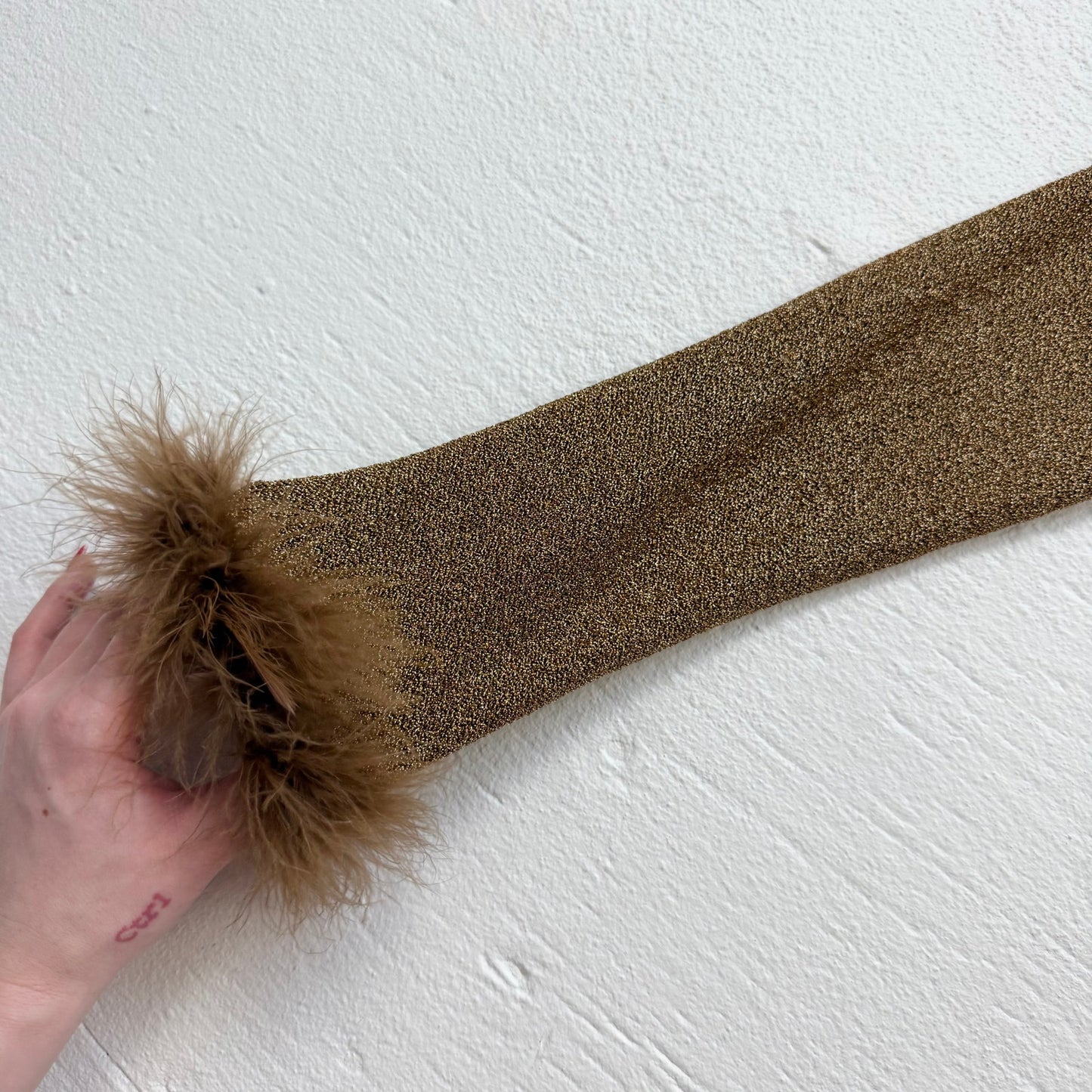 Y2K Sparkly Gold Tie Front Crop Top Shrug Feather Trim, Size Small