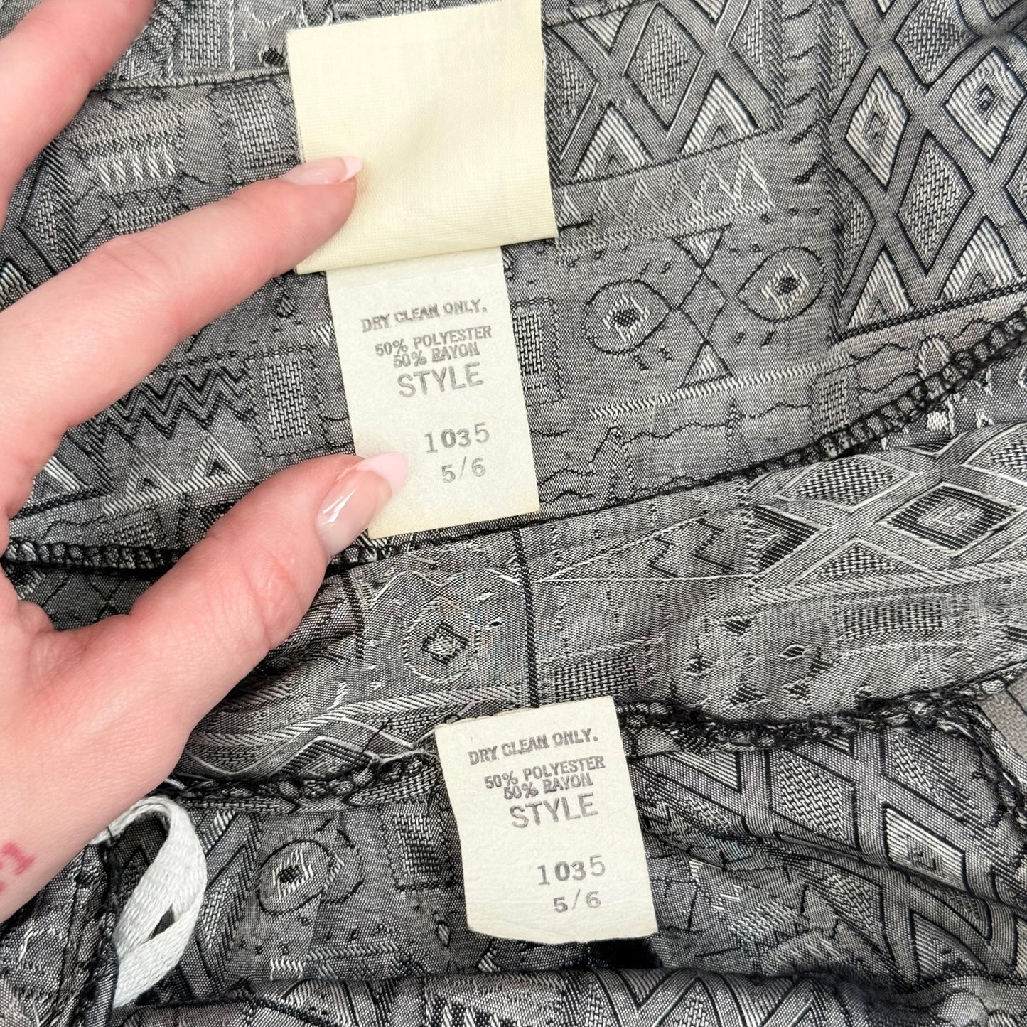 Vintage 80s True Wit Skirt Suit Set Gray Satin Geometric Print, Size 5/6