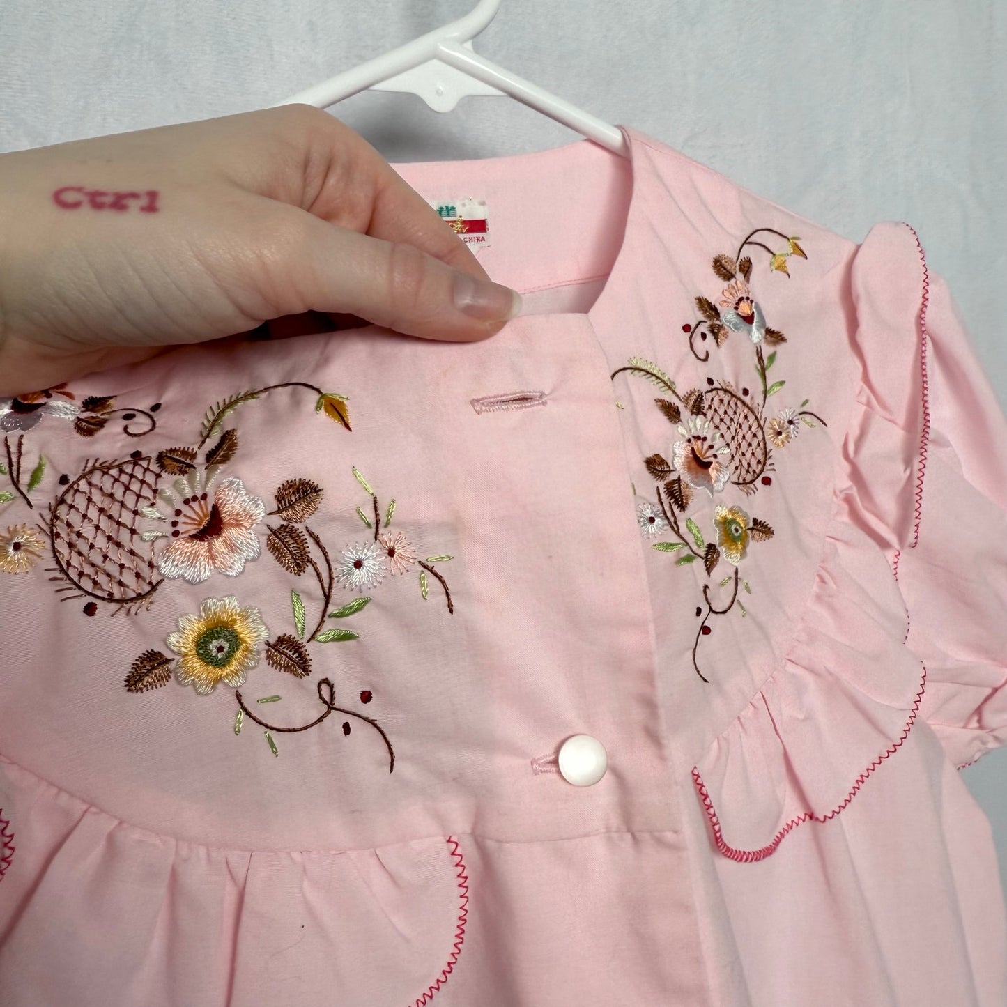 Vintage Pink Embroidered Ruffle Button Up Top, Size Small