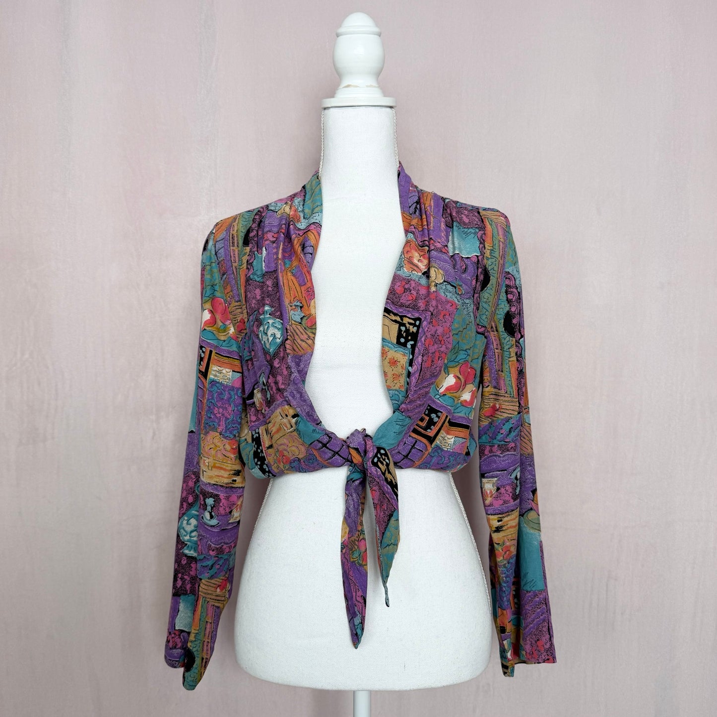 Upcycled Vintage Abstract Tie Front Crop Top, Size XS