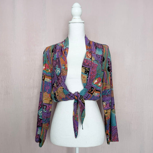 Upcycled Vintage Abstract Tie Front Crop Top, Size XS
