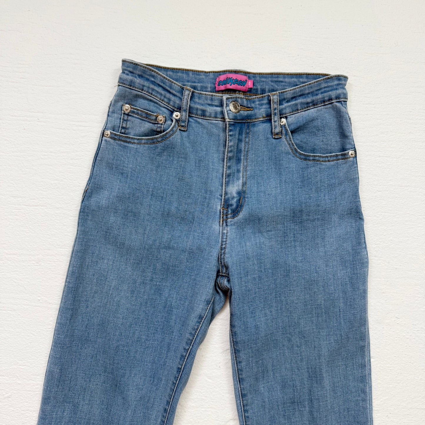 Reworked Edikted Feather Hem High Rise Flare Jeans, Size XS