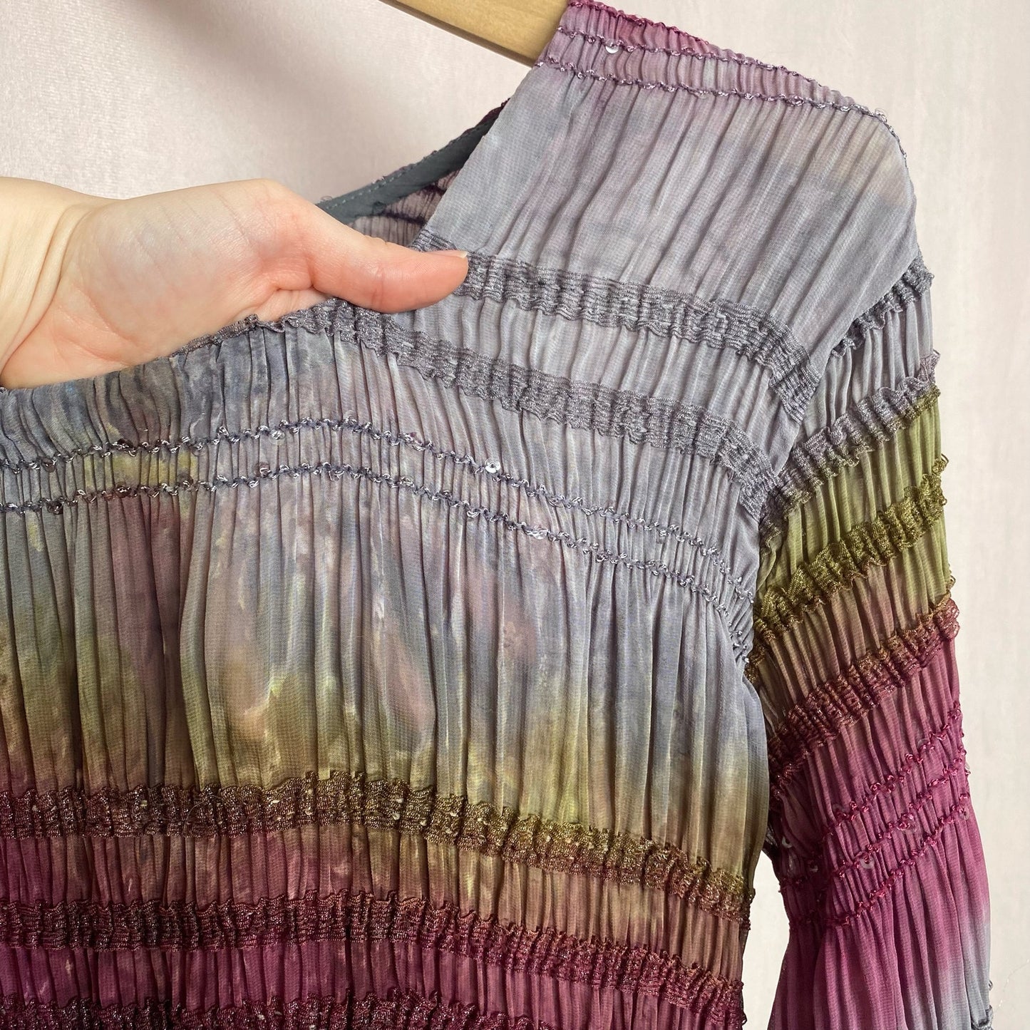 Secondhand Sequins Tie Dye Stripe Long Sleeve Sheer Tunic, Size M/L