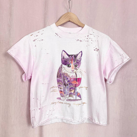 Reworked Cat Wine Distressed Pink Tee, Size Medium