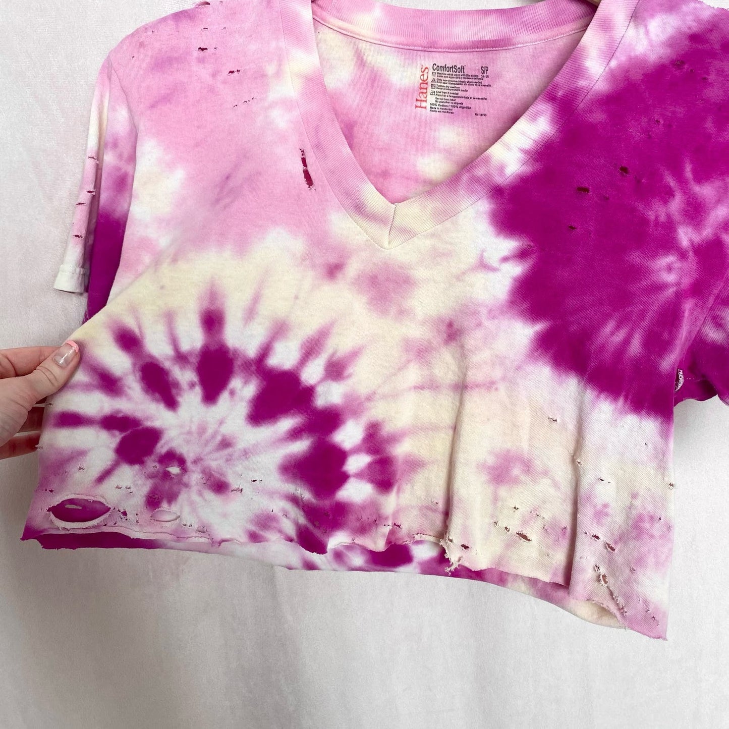 Upcycled Distressed Pink Purple Tie Dye Crop Tee, Size Small