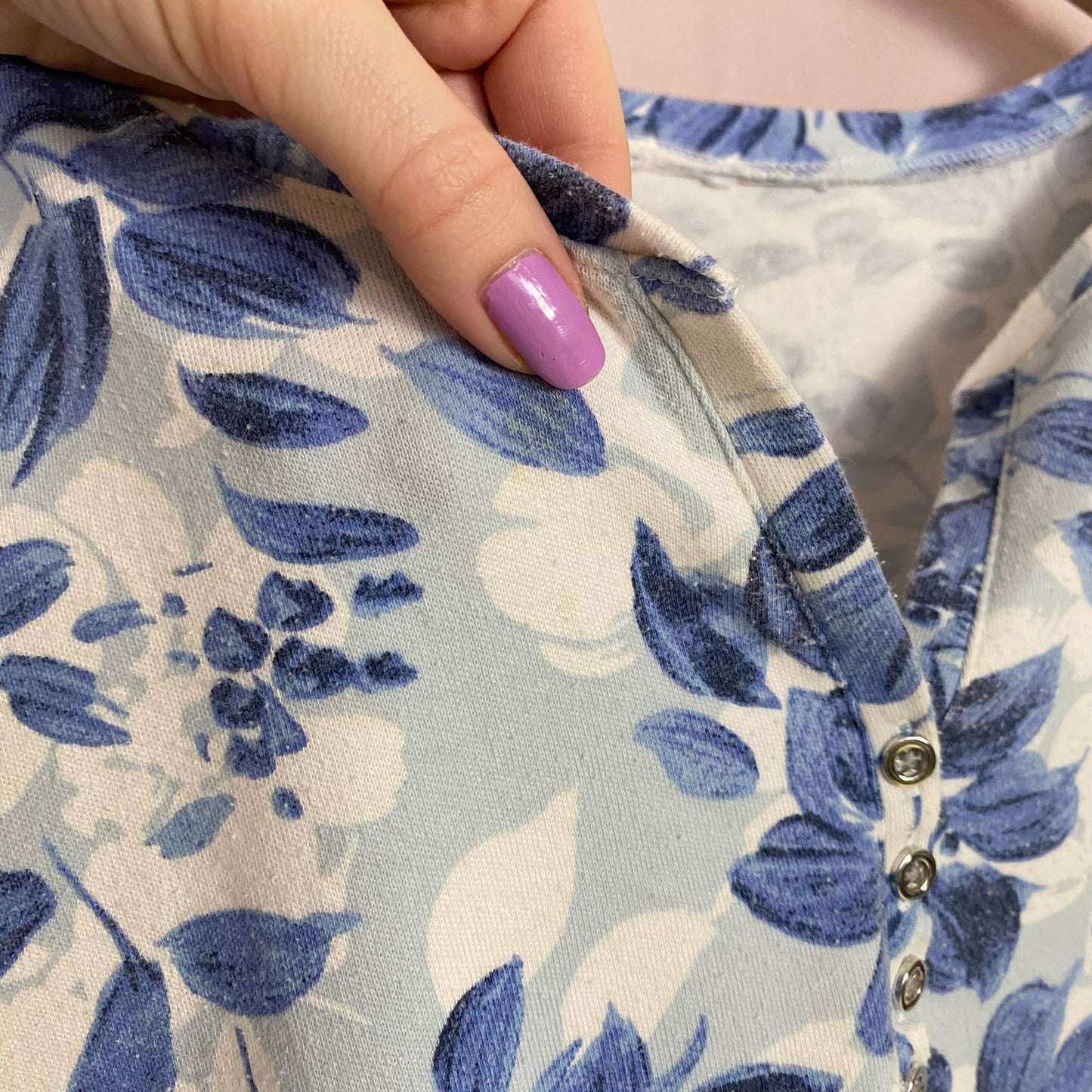 Vintage Blue Floral Print Short Sleeve Blouse, Size Medium