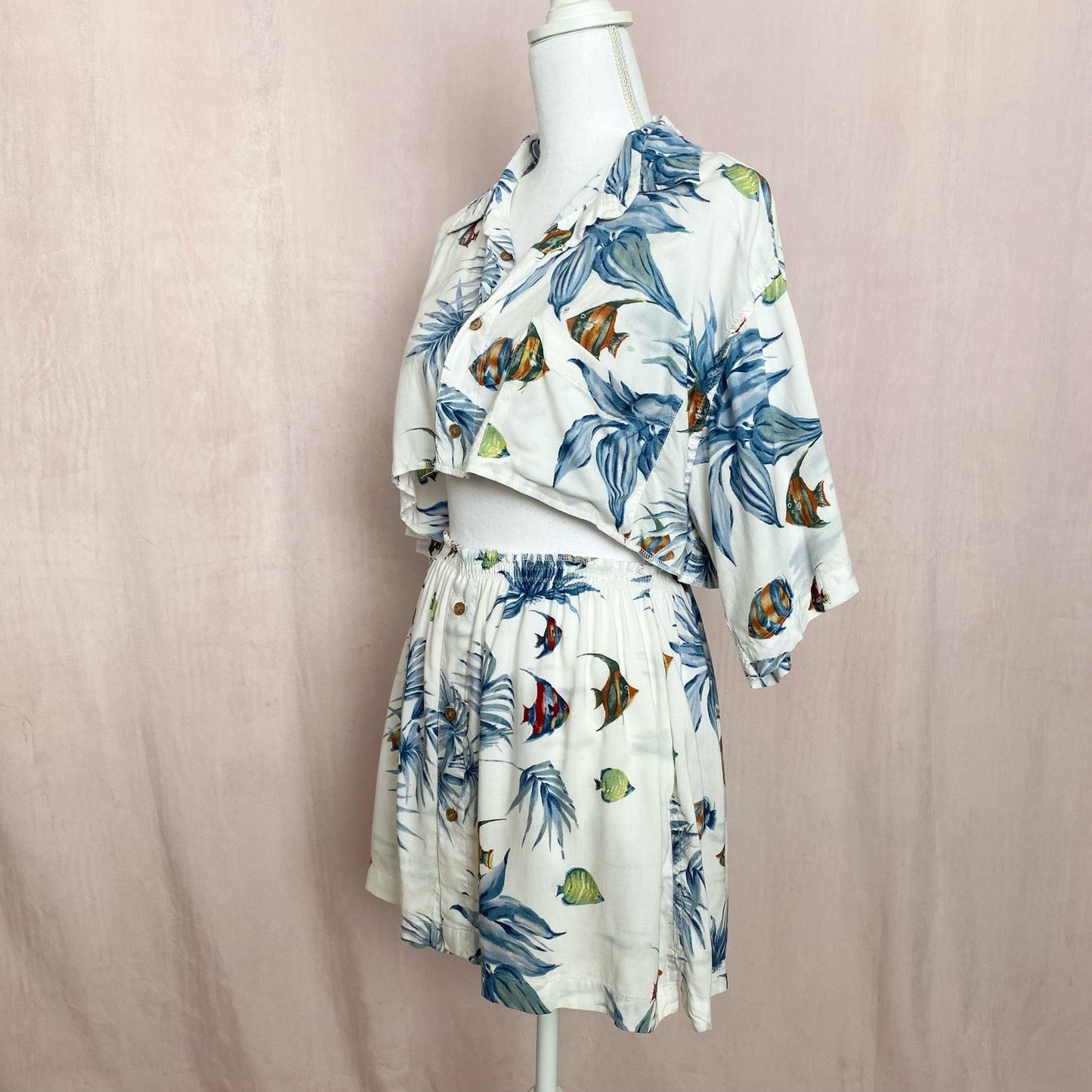 Upcycled Vintage Fish Print Button Two Piece Skirt Set, Size M/L