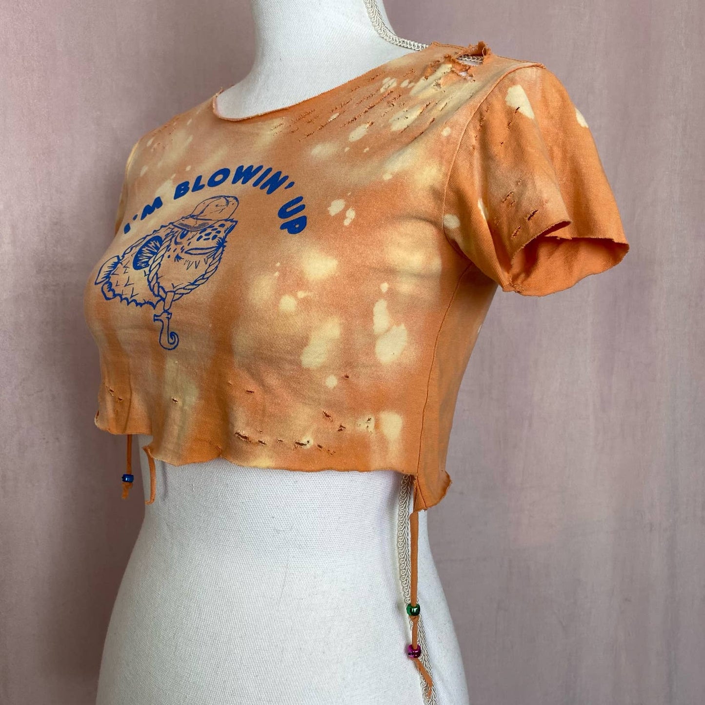 Upcycled I’m Blowin’ Up Distressed Crop Baby Tee, Size XS