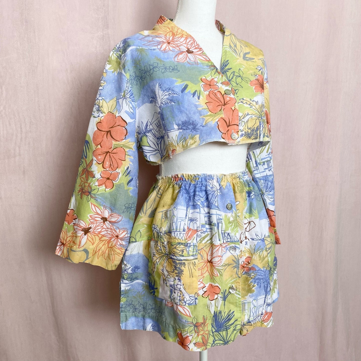 Upcycled Vintage Linen Blend Tropical Button Up Skirt Set, Size Small