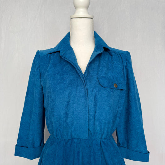 Reworked Vintage 80s S.L. Petites Blue Suede-Look Midi Dress, Size 8