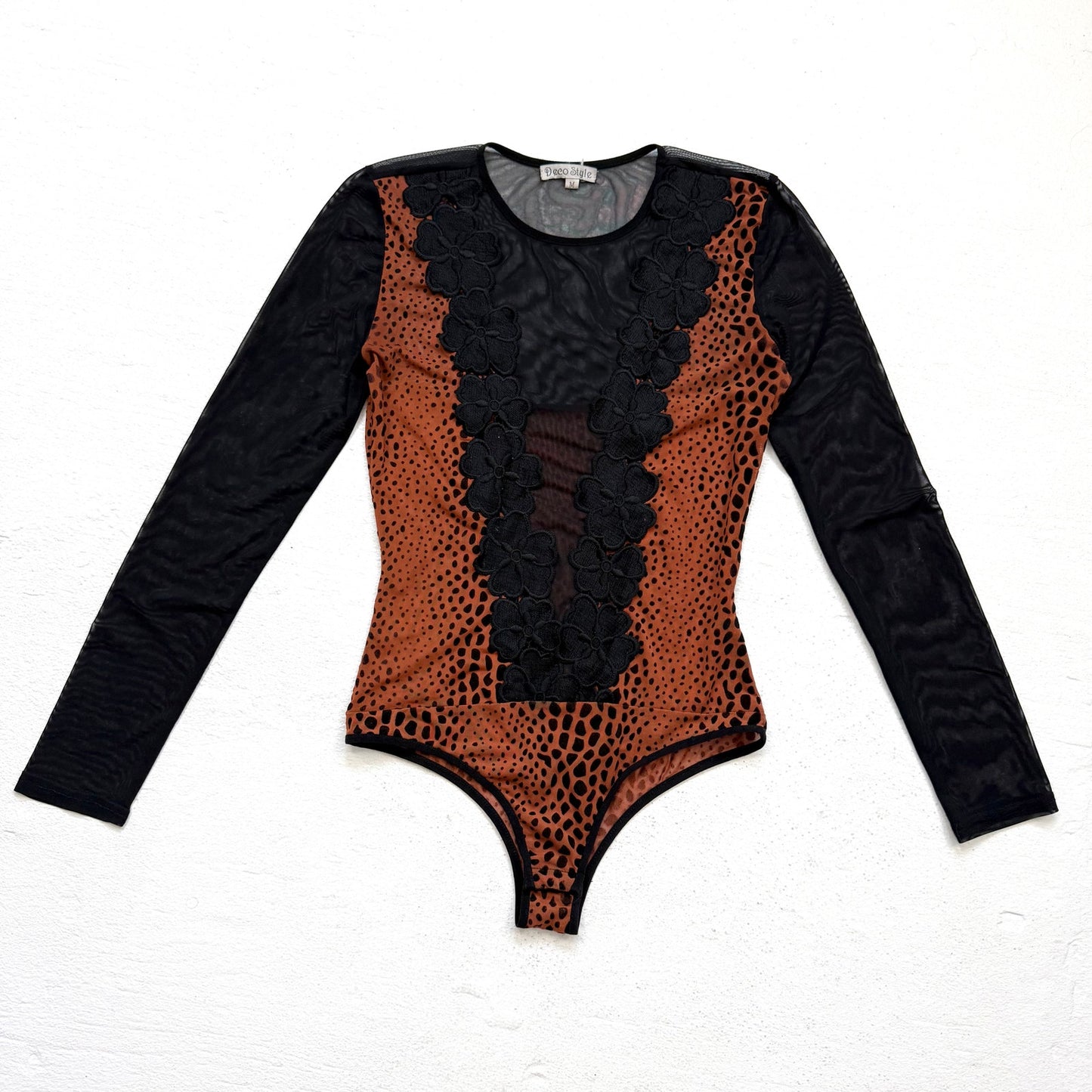 Y2K Deco Style Mesh Velvet Animal Print Bodysuit, Size Medium