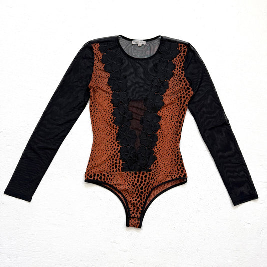 Y2K Deco Style Mesh Velvet Animal Print Bodysuit, Size Medium