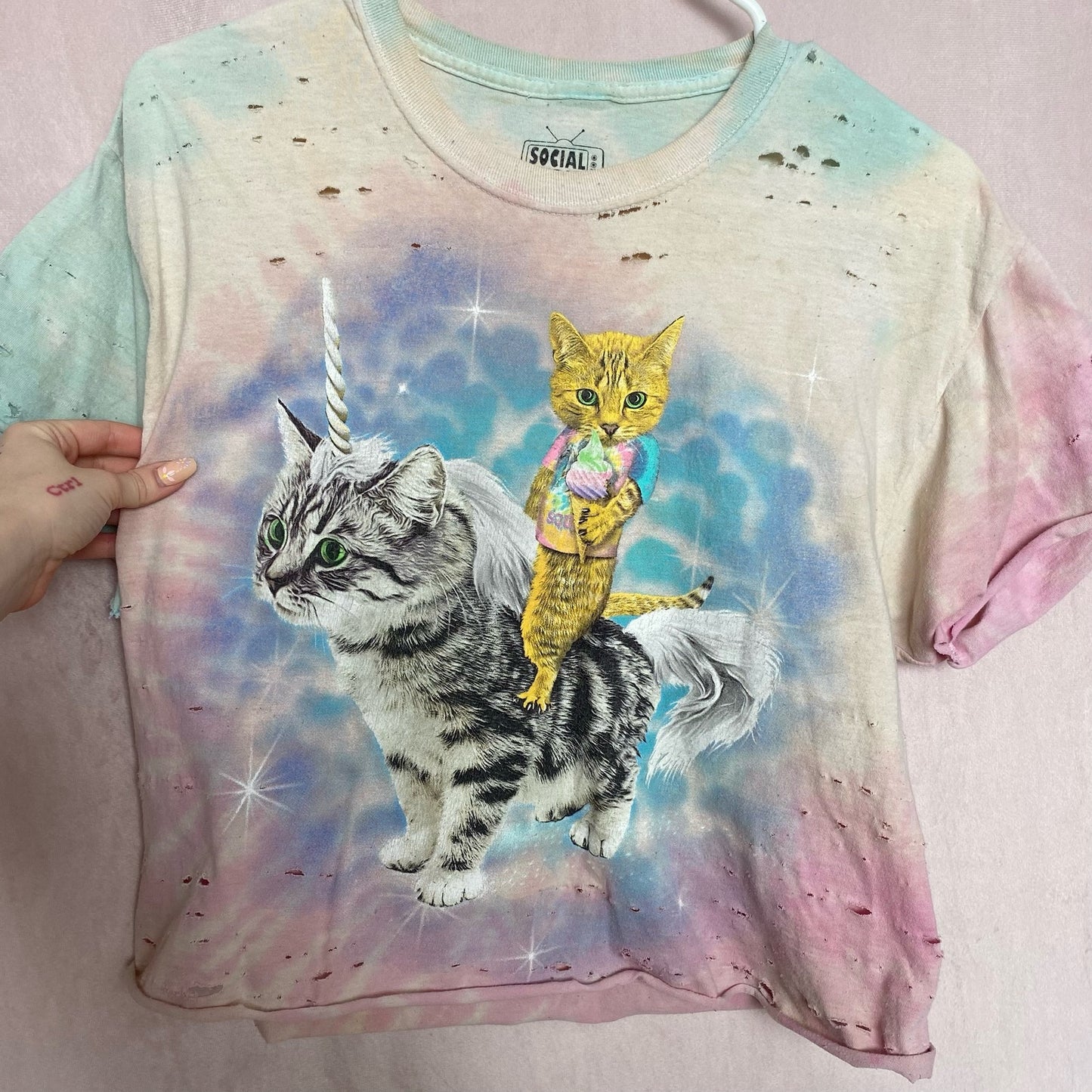 Upcycled Cat Unicorn Distressed Tie Dye Crop Tee, Size Medium