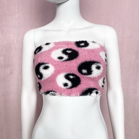 Upcycled Yin-Yang Fuzzy Crop Tube Top, Size XS