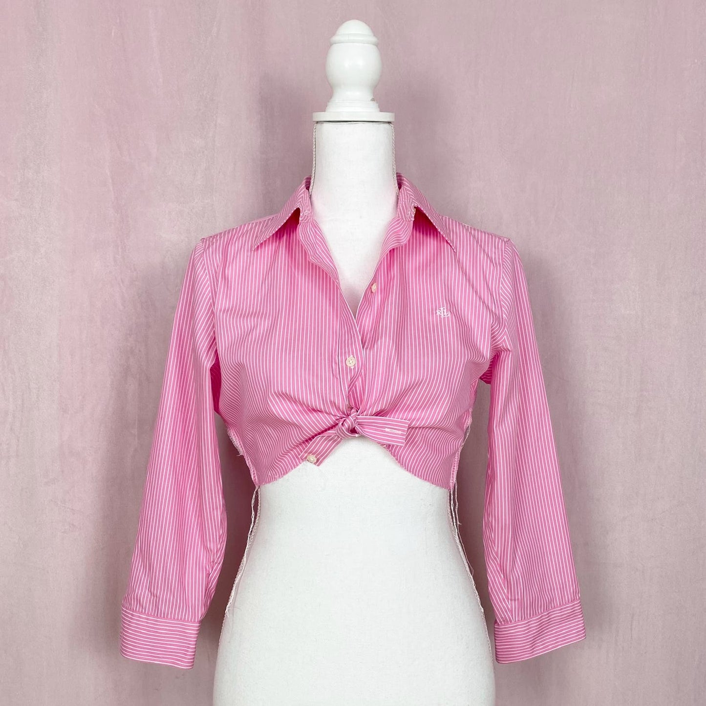 Upcycled Ralph Lauren Pink Stripe Crop Button Up Top, Size XS