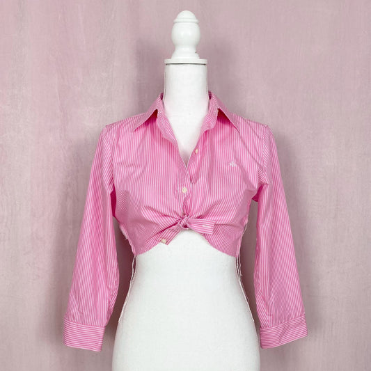 Upcycled Ralph Lauren Pink Stripe Crop Button Up Top, Size XS