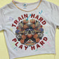 Upcycled Train Hard Play Hard Graphic Crop Baby Tee, Size XS