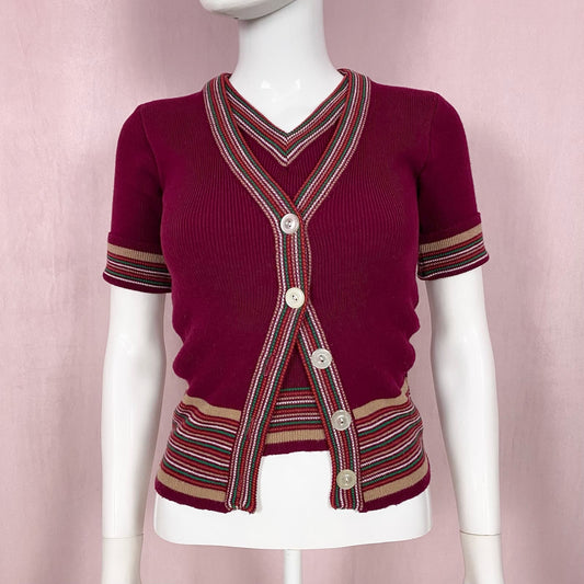 Vintage Ribbed V-neck Cardigan Short Sleeve Top, Size Small