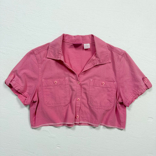 Reworked Vintage Pink Denim Crop Button Up Shirt, Size Small