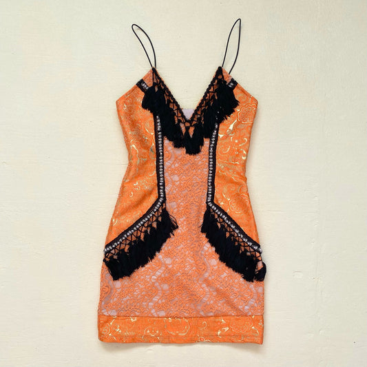 Secondhand PrettyLittleThing Premium Orange Tassel Mini Dress, Size 2