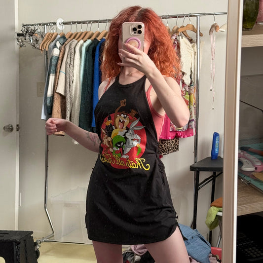 Upcycled Looney Tunes Graphic Cami Mini Tie Dress, Size S/M