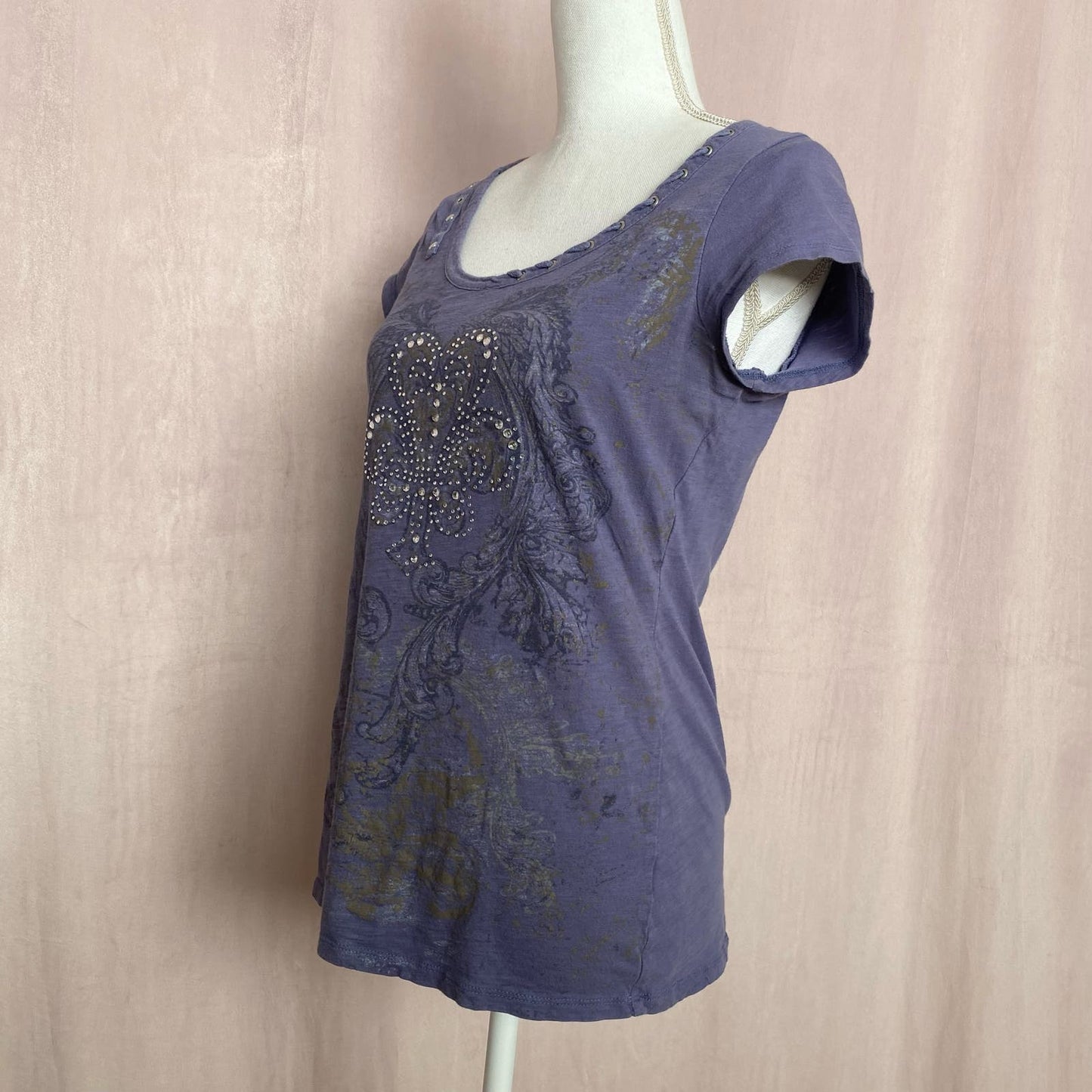 Y2K RXB Rhinestone Fleur De Lis Short Sleeve Top, Size Medium