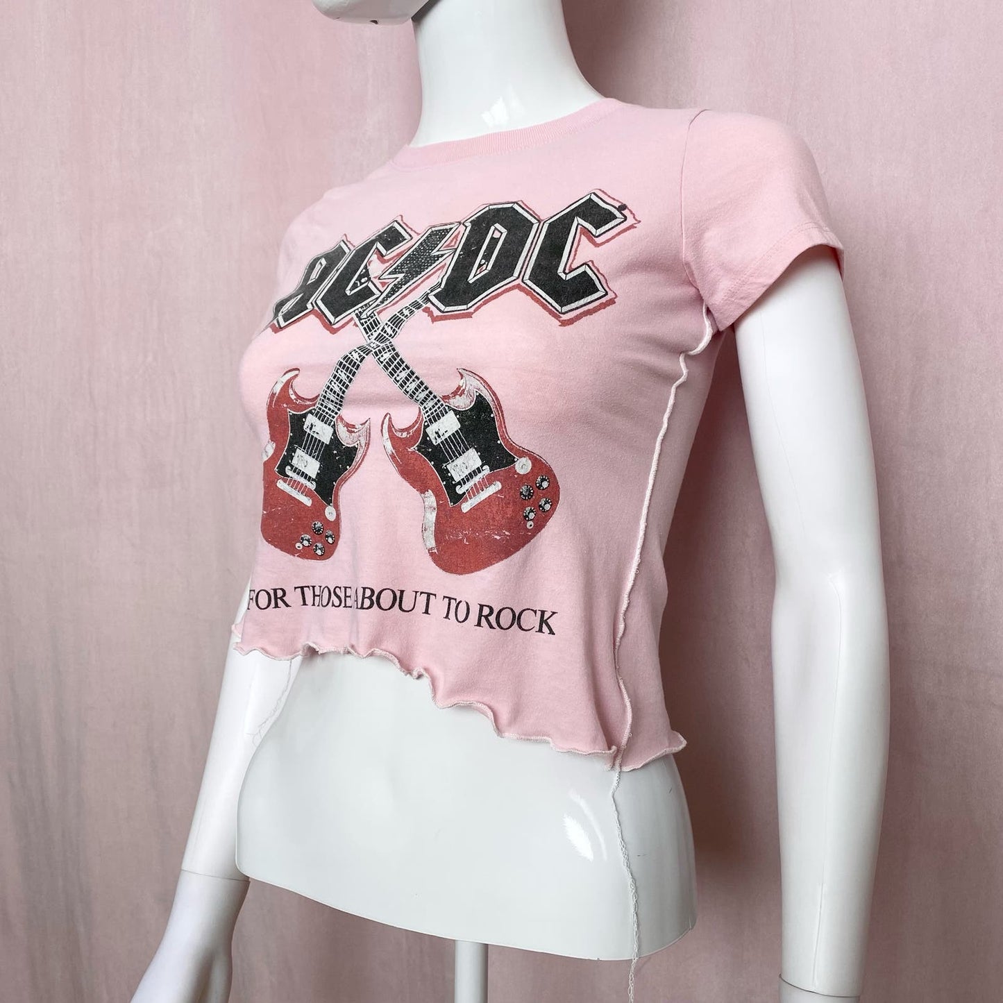 Upcycled AC/DC Graphic Asymmetrical Crop Baby Tee, Size Small