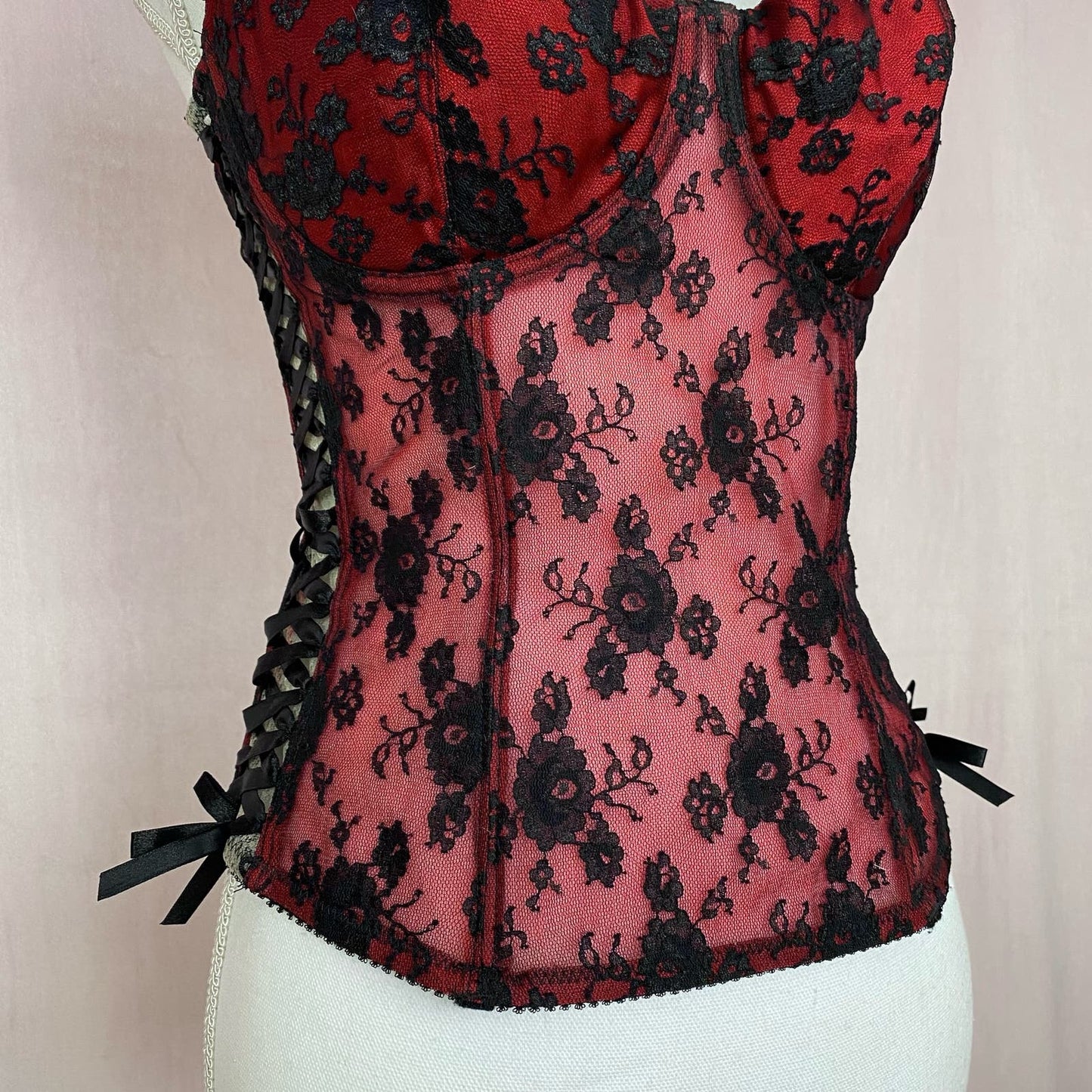 Vintage Red & Black Mesh Lace Corset Top