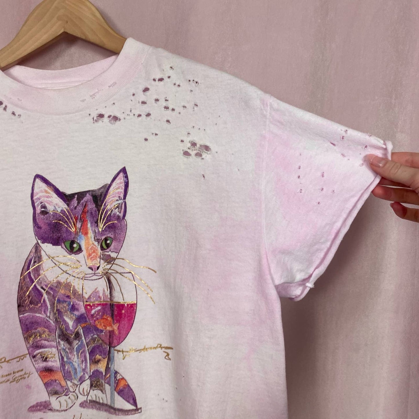 Reworked Cat Wine Distressed Pink Tee, Size Medium