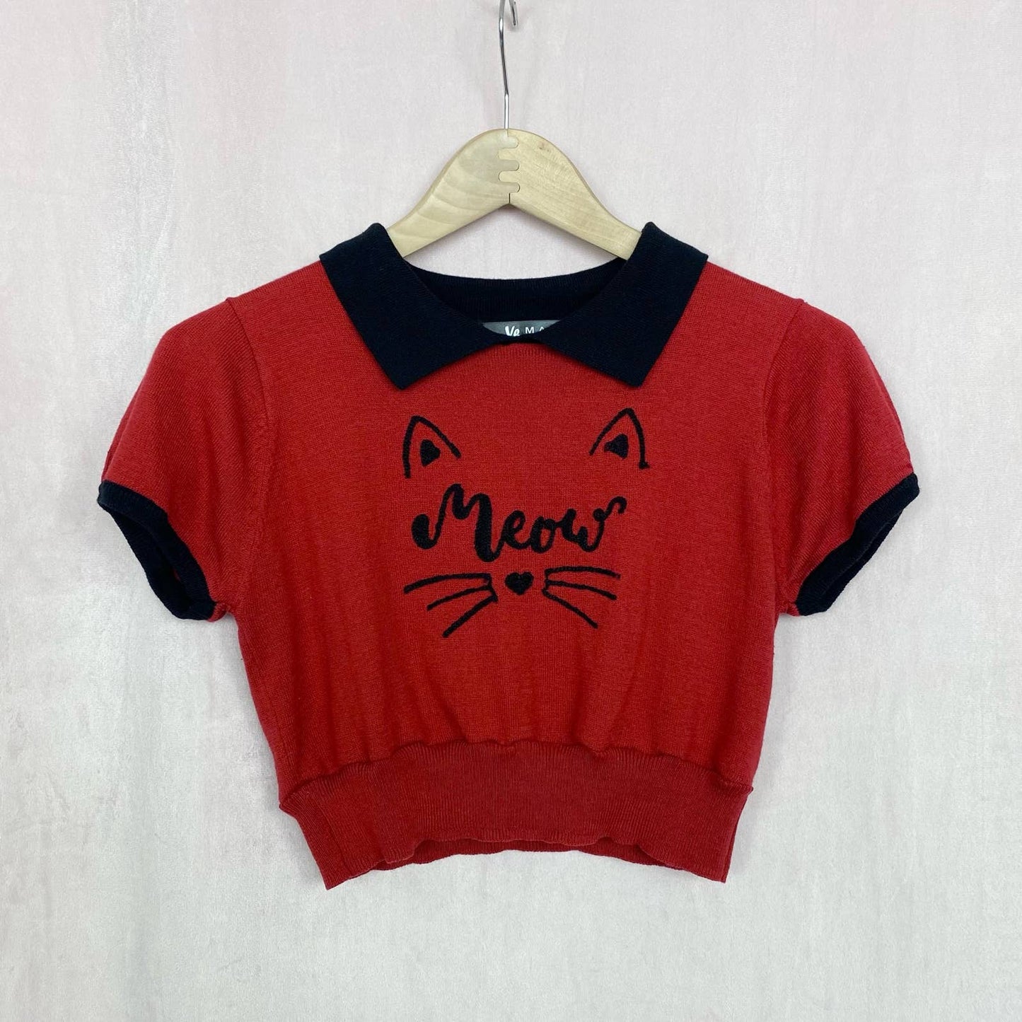 Reworked Meow Cat Short Sleeve Crop Sweater, Size Medium