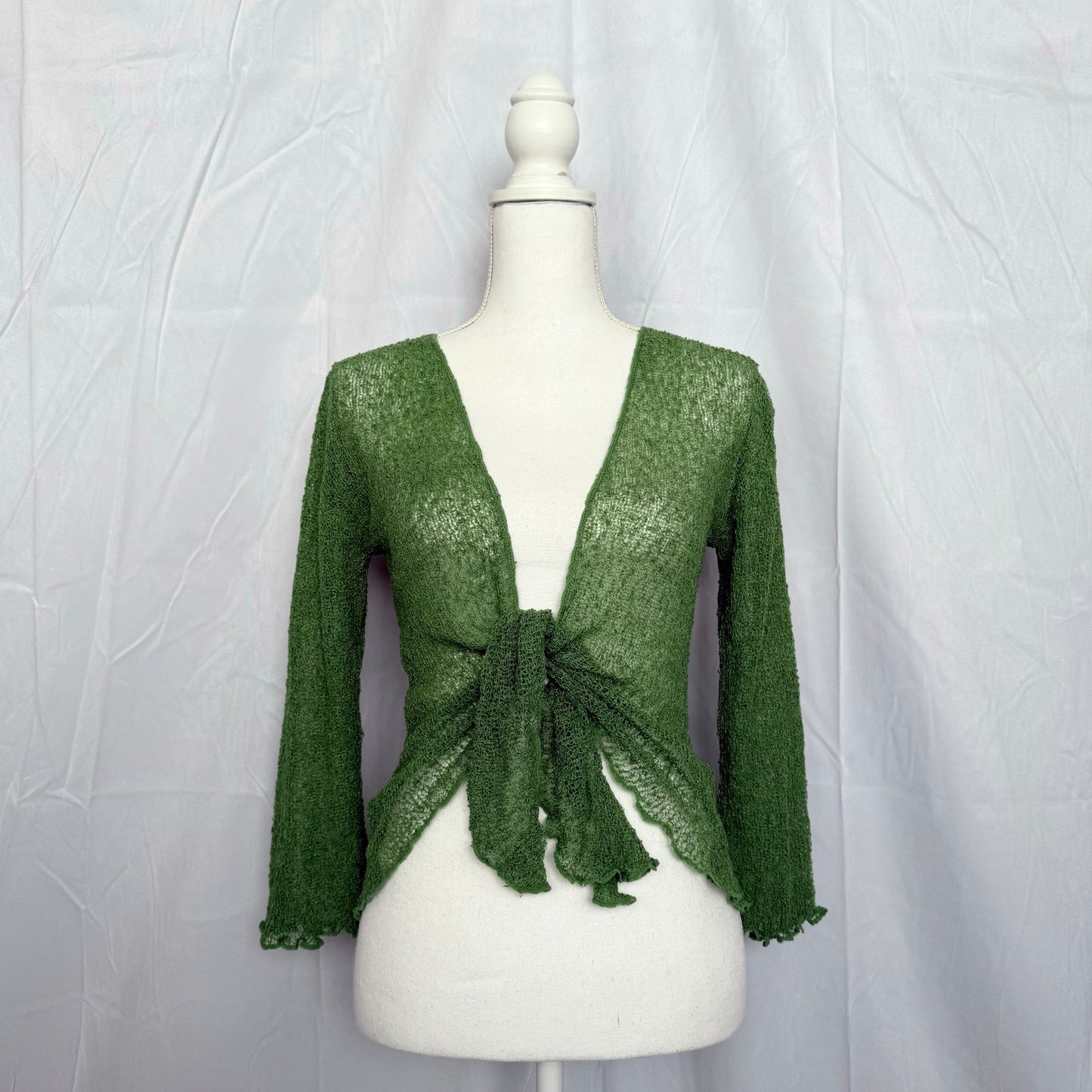 Preowned Shu-Shi Green Crochet Open Tie Front Cardigan, One Size