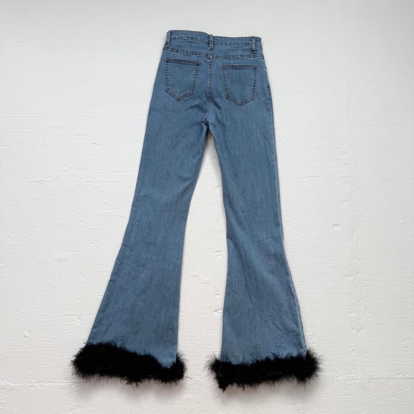 Reworked Edikted Feather Hem High Rise Flare Jeans, Size XS