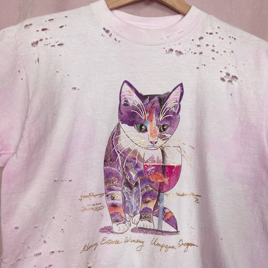 Reworked Cat Wine Distressed Pink Tee, Size Medium
